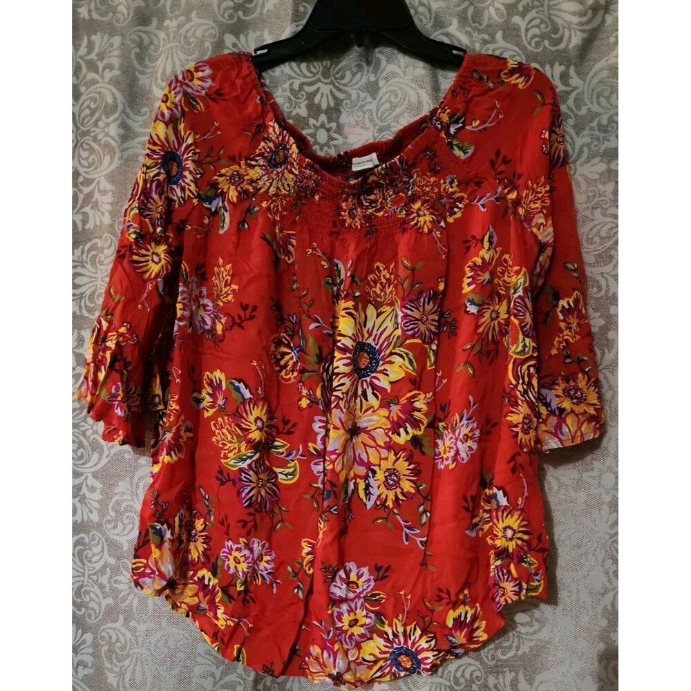 Beach Lounge Red Floral Bohemian Off Shoulder Modal Top Size M